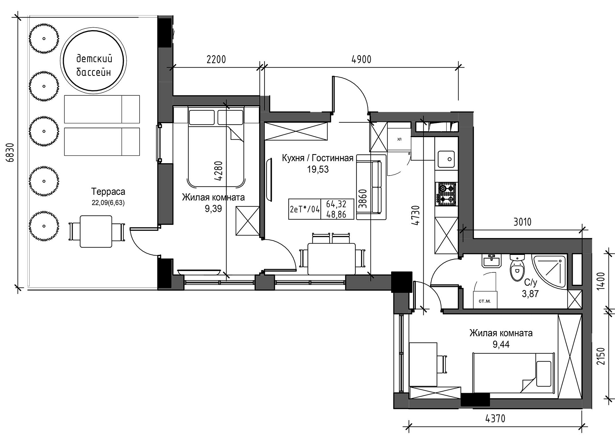 Planning 2-rm flats area 48.86m2, UM-003-05/0046.