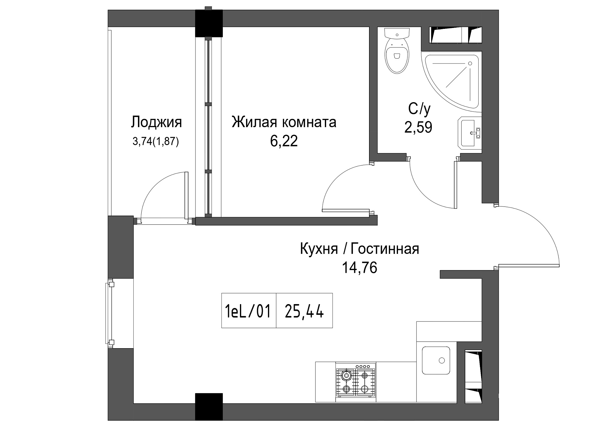 Планировка 1-к квартира площей 25.44м2, UM-002-02/0095.