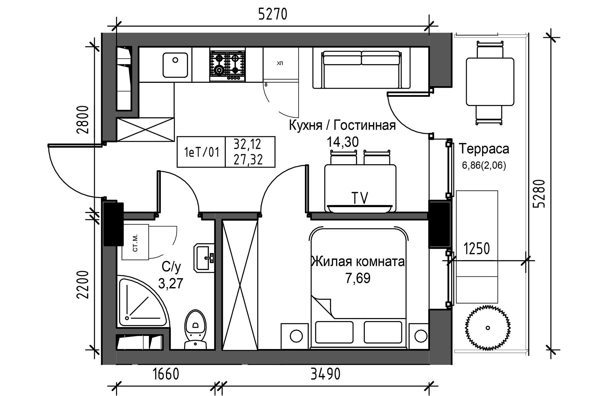 Планировка 1-к квартира площей 27.32м2, UM-003-06/0054.