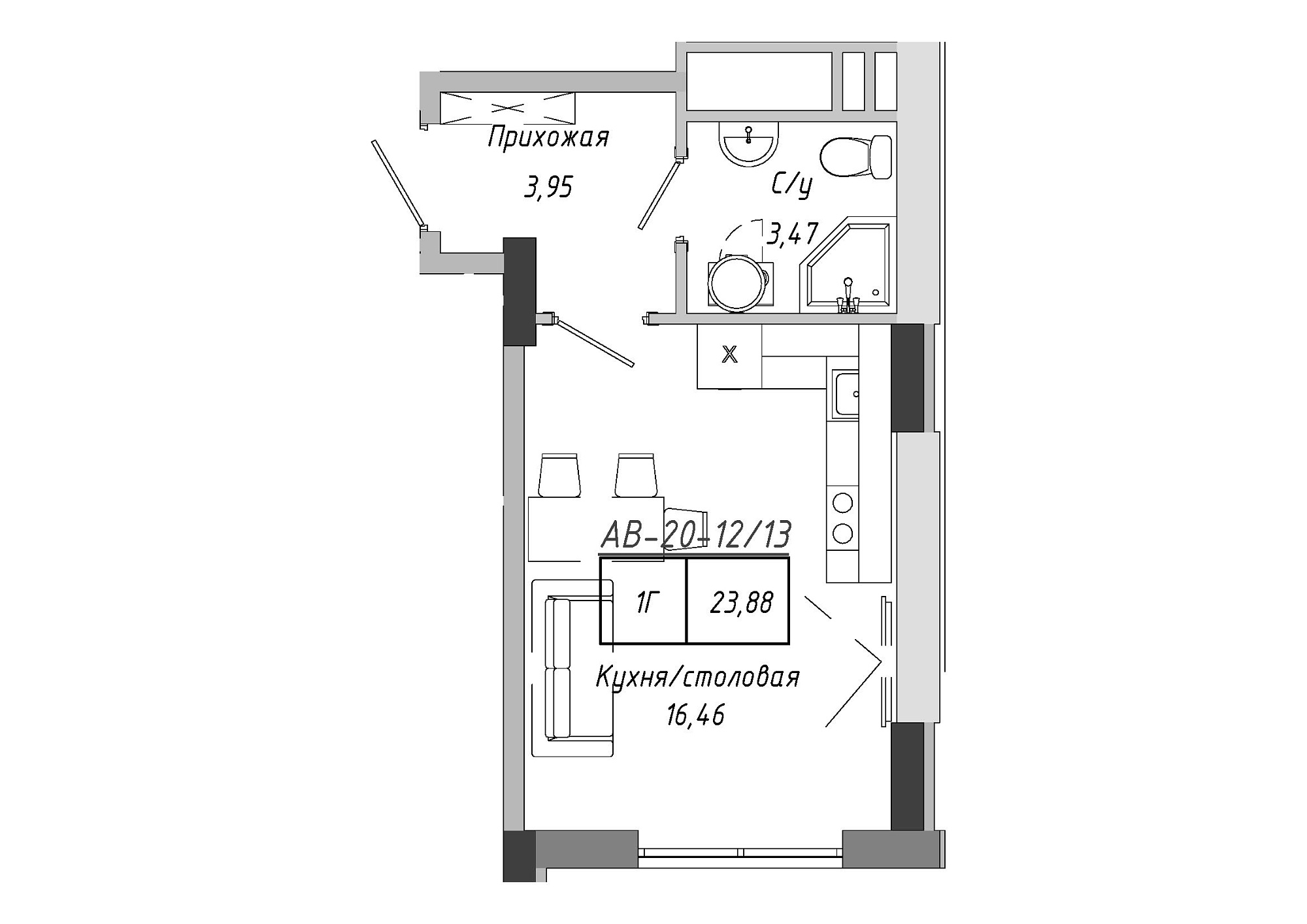 Планировка Smart-квартира площей 23.4м2, AB-20-12/00013.