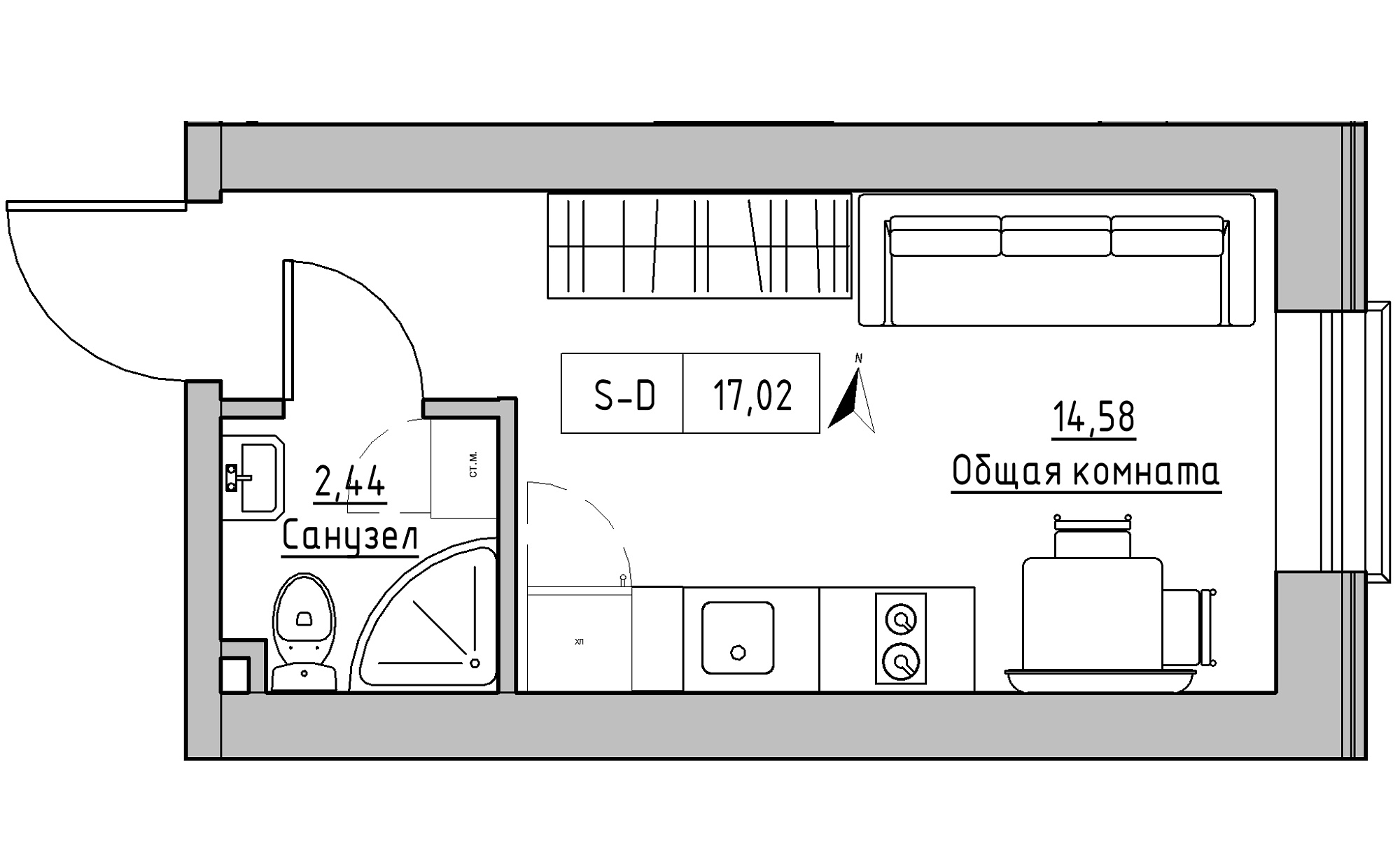 Planning Smart flats area 17.02m2, KS-016-04/0014.