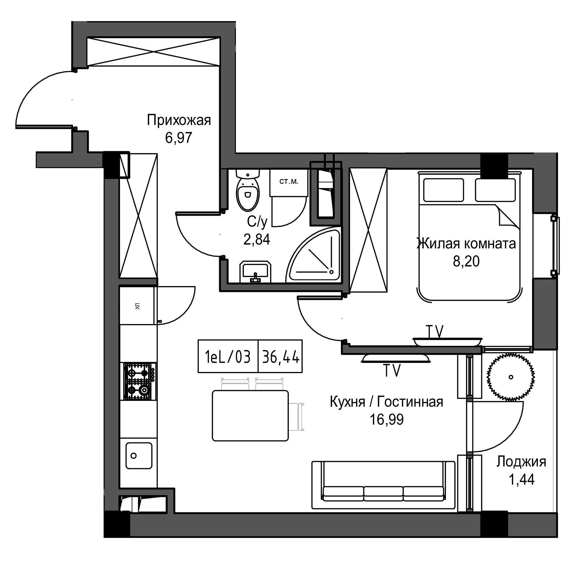 Planning 1-rm flats area 36.44m2, UM-002-04/0019.