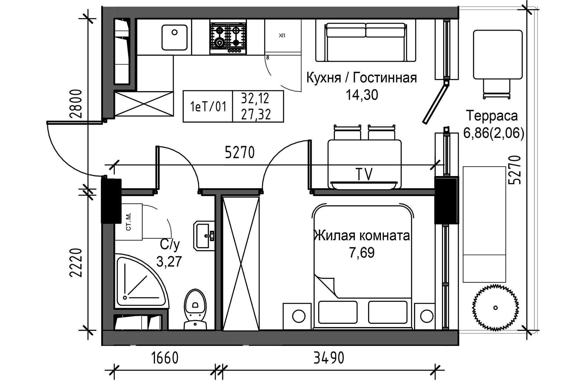 Planning 1-rm flats area 27.32m2, UM-003-03/0004.