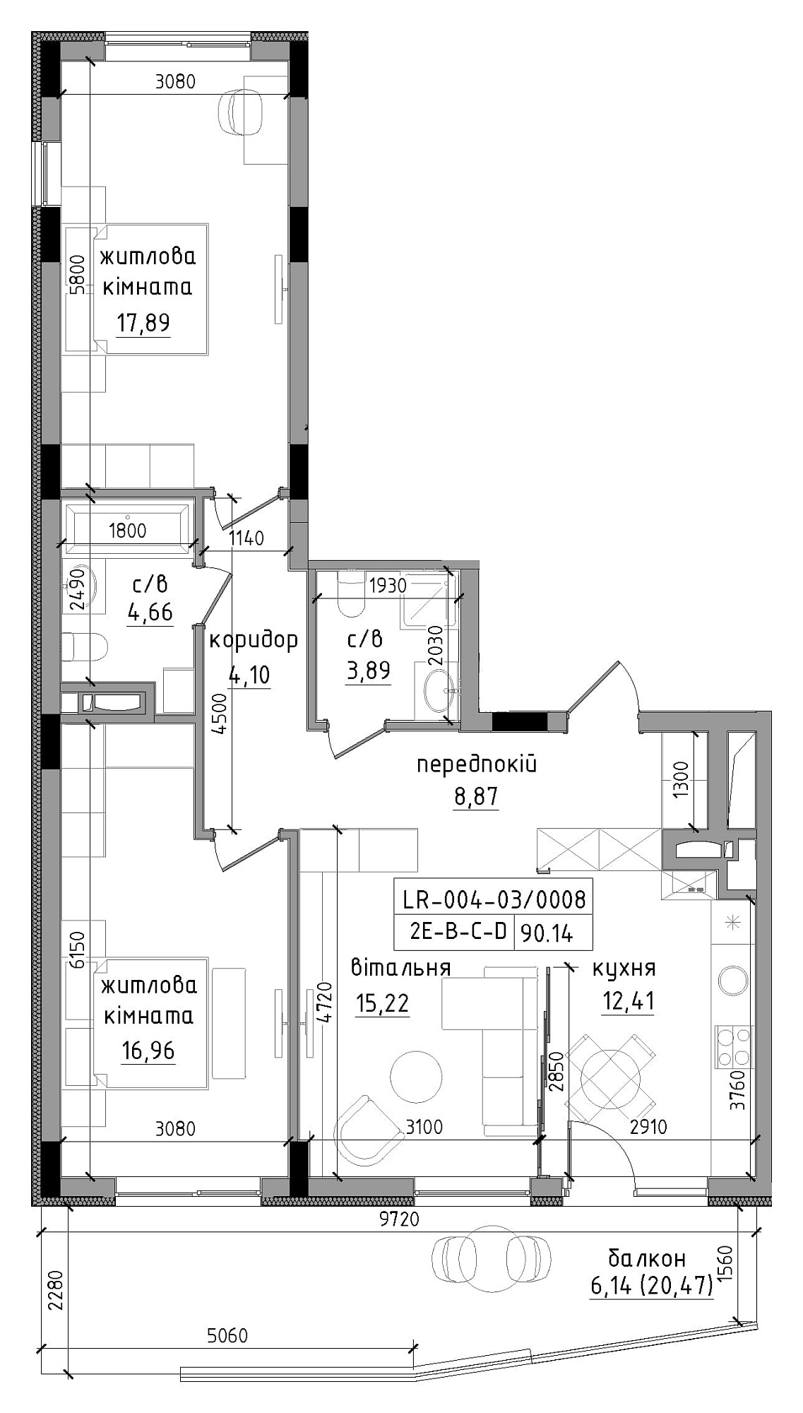 Планировка 2-к квартира площей 90.14м2, LR-004-03/0008.