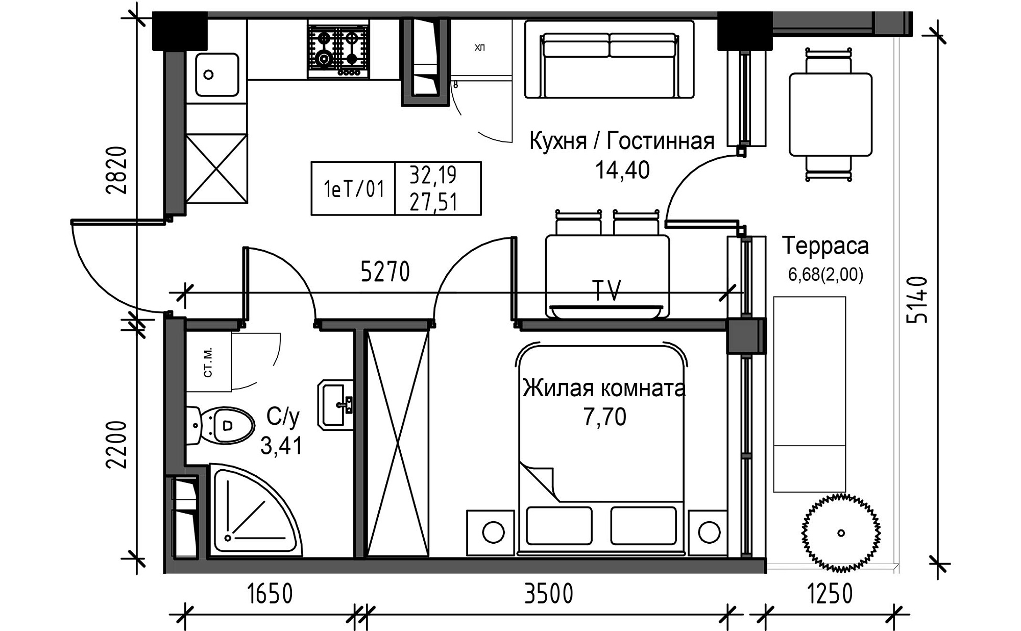 Планировка 1-к квартира площей 27.51м2, UM-003-03/0001.